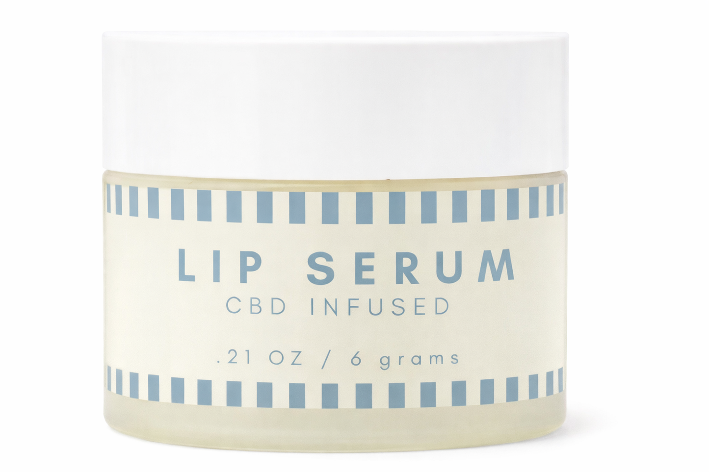 CBD-infused lip serum container with blue text on a white background