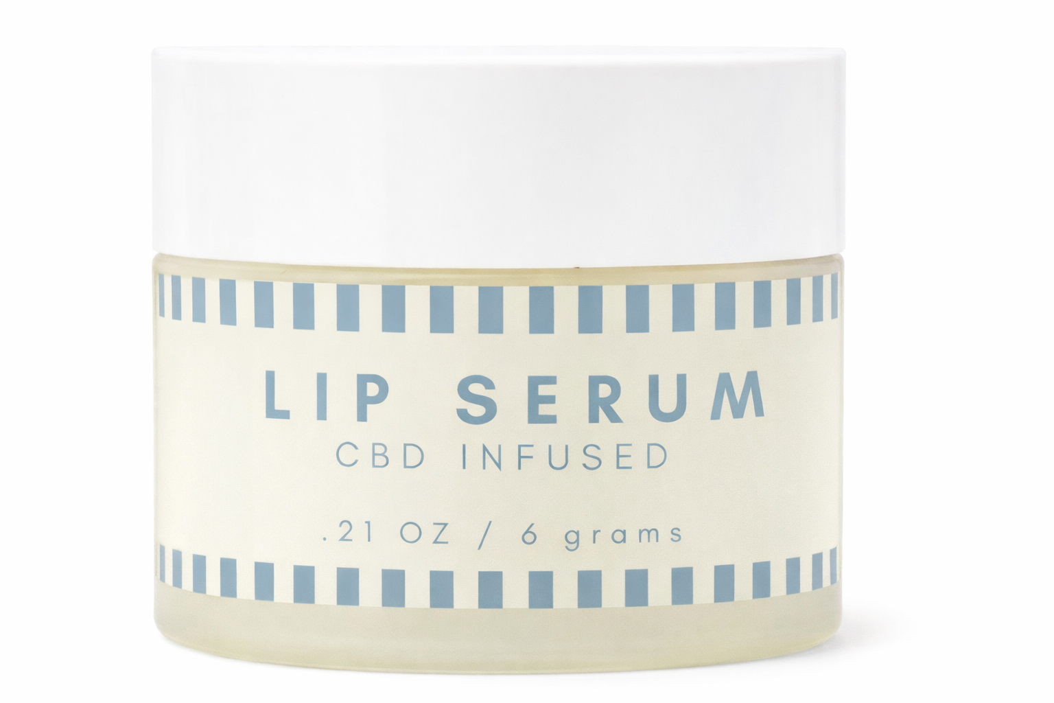 CBD-infused lip serum container with blue text on a white background