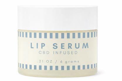 CBD-infused lip serum container with blue text on a white background