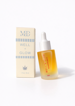 Well & Glow skincare product with packaging on a white background