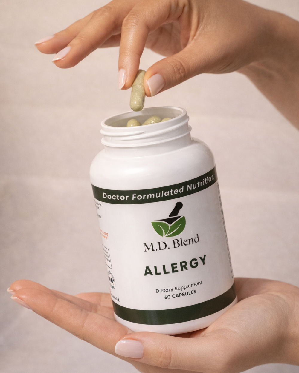 Supplement bottle labeled 'M.D. Blend Allergy' on a white background