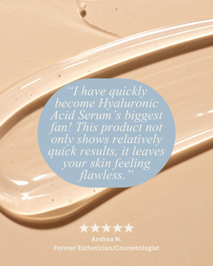 Customer review graphic for M.D. Blend Hyaluronic Acid Serum featuring the serum bottle, glowing hydration-inspired design, five-star rating, and clean white skincare aesthetic.