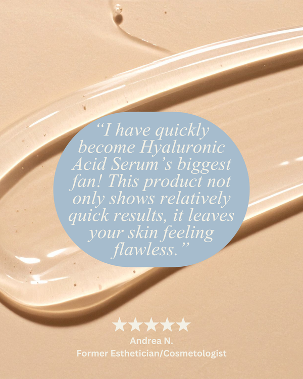 Customer review graphic for M.D. Blend Hyaluronic Acid Serum featuring the serum bottle, glowing hydration-inspired design, five-star rating, and clean white skincare aesthetic.