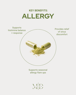 Key benefits of a product for allergies on a white background