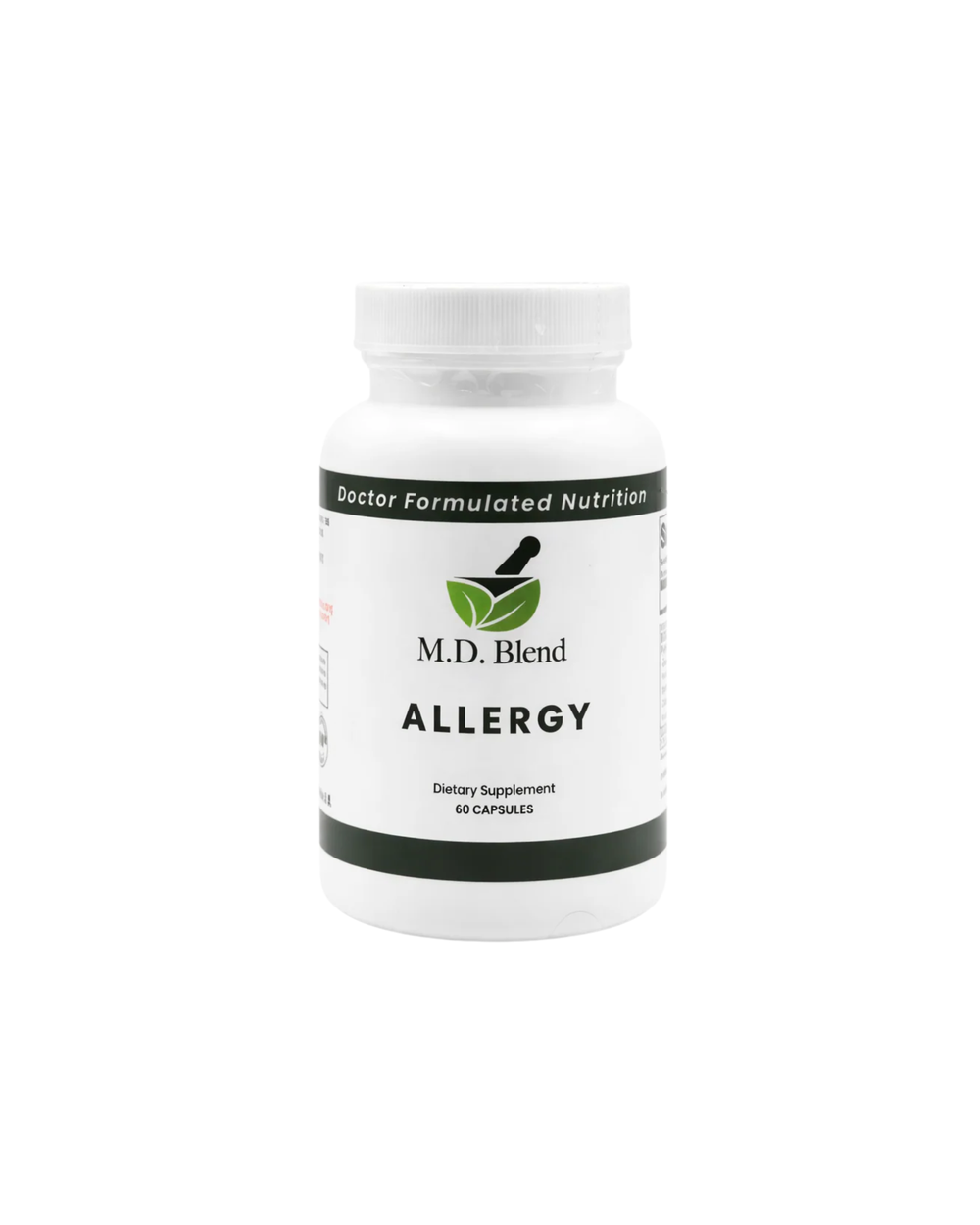 Supplement bottle labeled 'M.D. Blend Allergy' on a white background