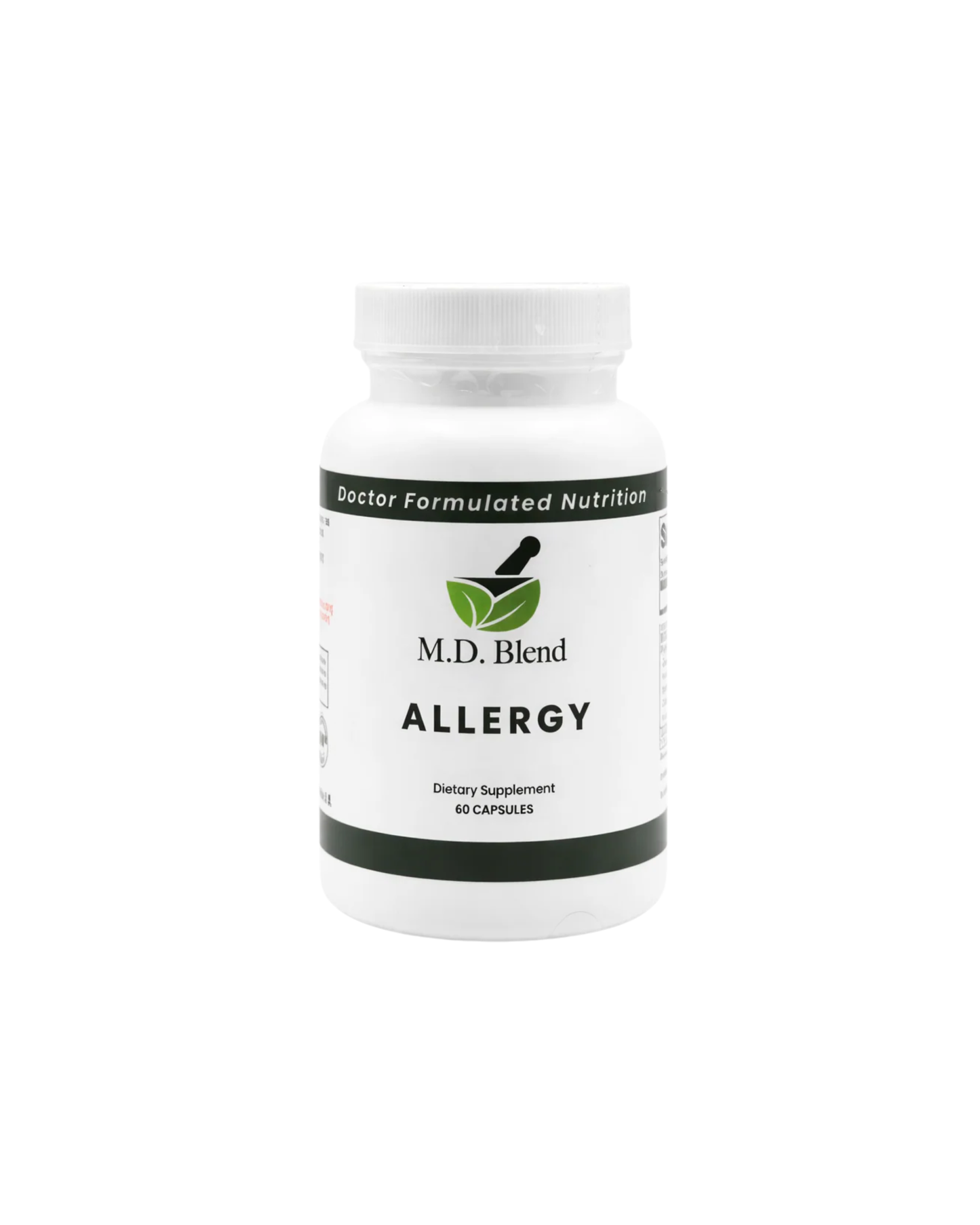 Supplement bottle labeled 'M.D. Blend Allergy' on a white background