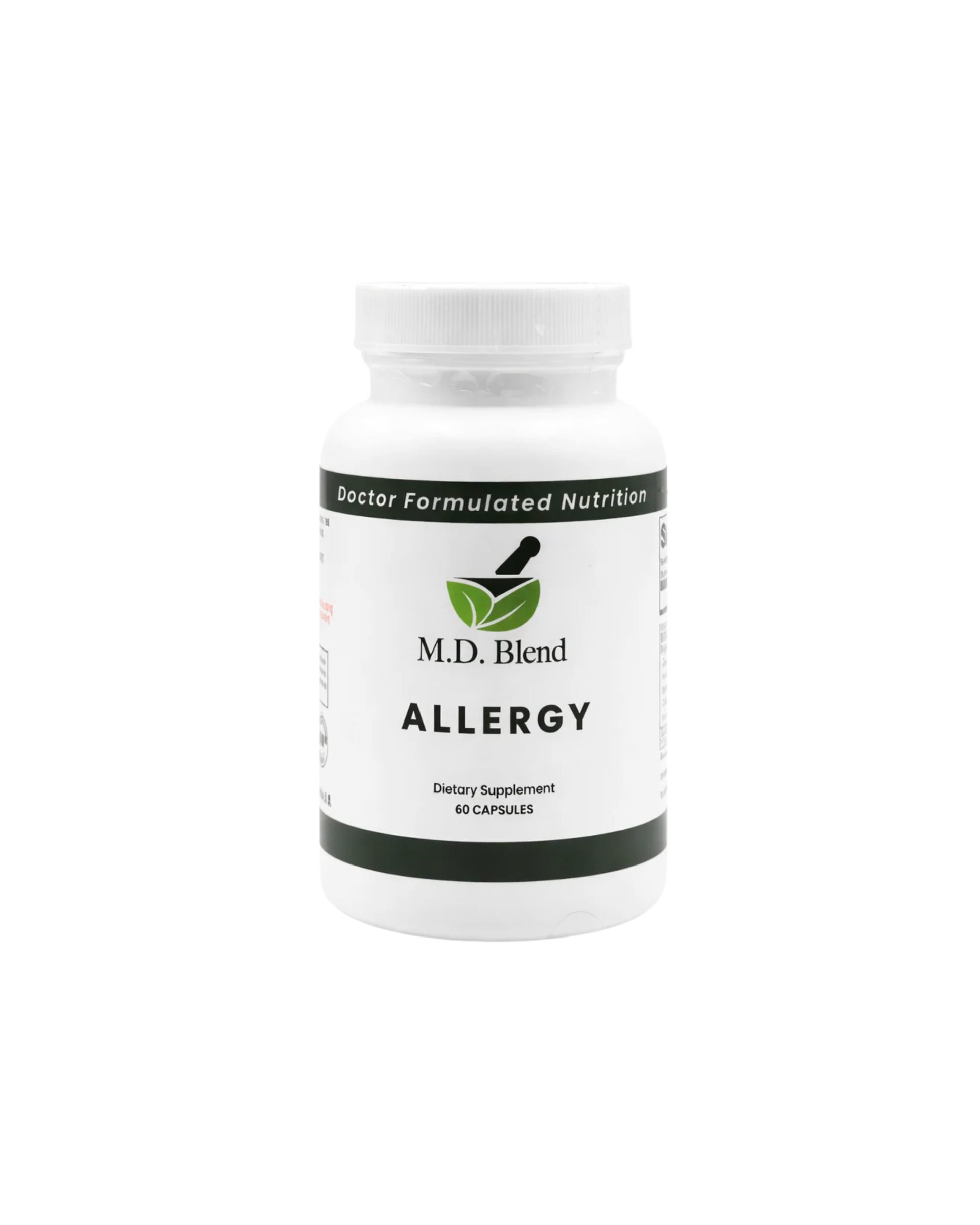 Supplement bottle labeled 'M.D. Blend Allergy' on a white background