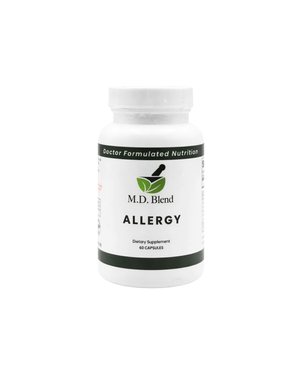 Supplement bottle labeled 'M.D. Blend Allergy' on a white background