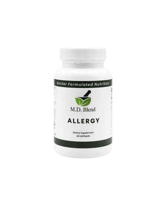 Supplement bottle labeled 'M.D. Blend Allergy' on a white background