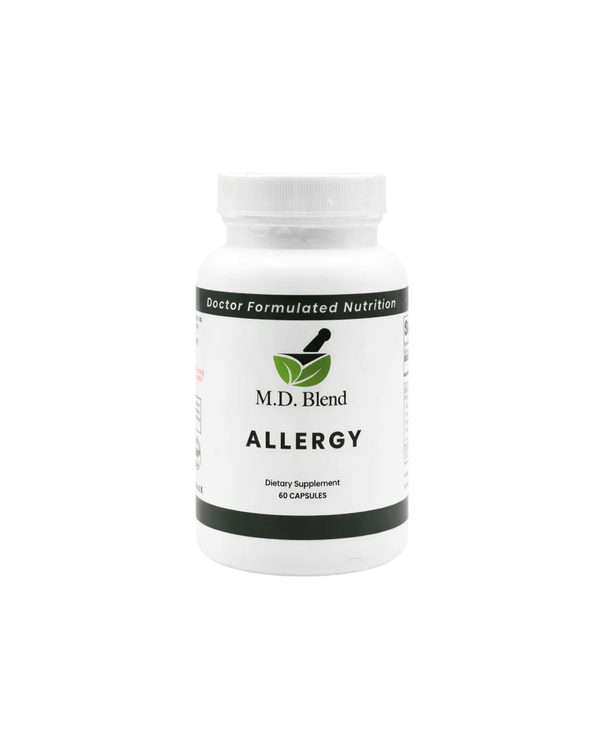 Supplement bottle labeled 'M.D. Blend Allergy' on a white background
