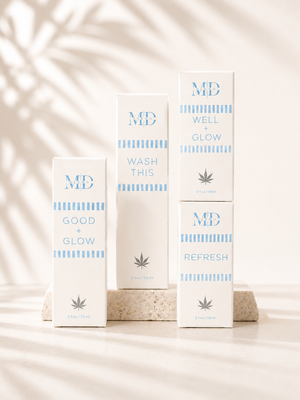 Four white skincare product boxes arranged on a light stone block against a warm cream background with soft leaf shadows. The boxes are labeled MD, Well + Glow, Wash This, Good + Glow, Refresh.