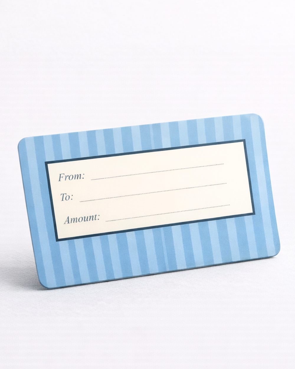 Blue business card with white text on a white background