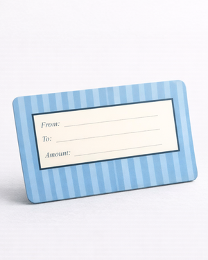 Gift tag with blue striped border on a white background