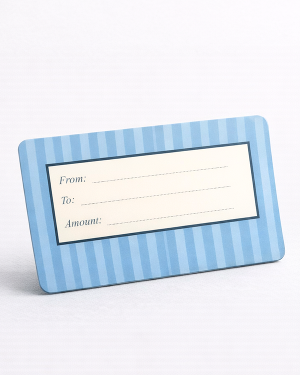 Gift tag with blue striped border on a white background