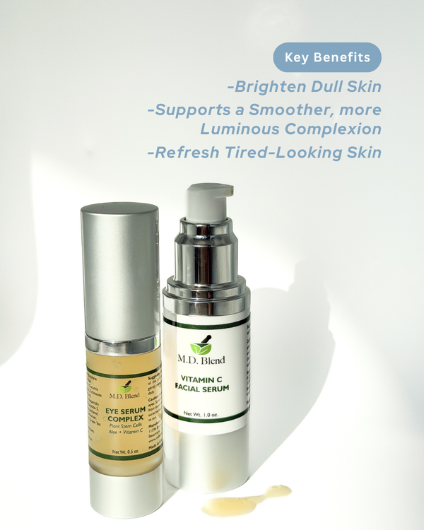 M.D. Blend eye serum gel and vitamin c facial serum for skin brightening and skin tone evening on a white background