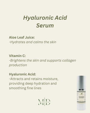 Customer review graphic for M.D. Blend Hyaluronic Acid Serum featuring the serum bottle, glowing hydration-inspired design, five-star rating, and clean white skincare aesthetic.