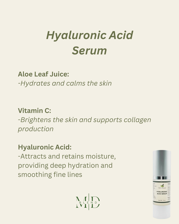 Customer review graphic for M.D. Blend Hyaluronic Acid Serum featuring the serum bottle, glowing hydration-inspired design, five-star rating, and clean white skincare aesthetic.