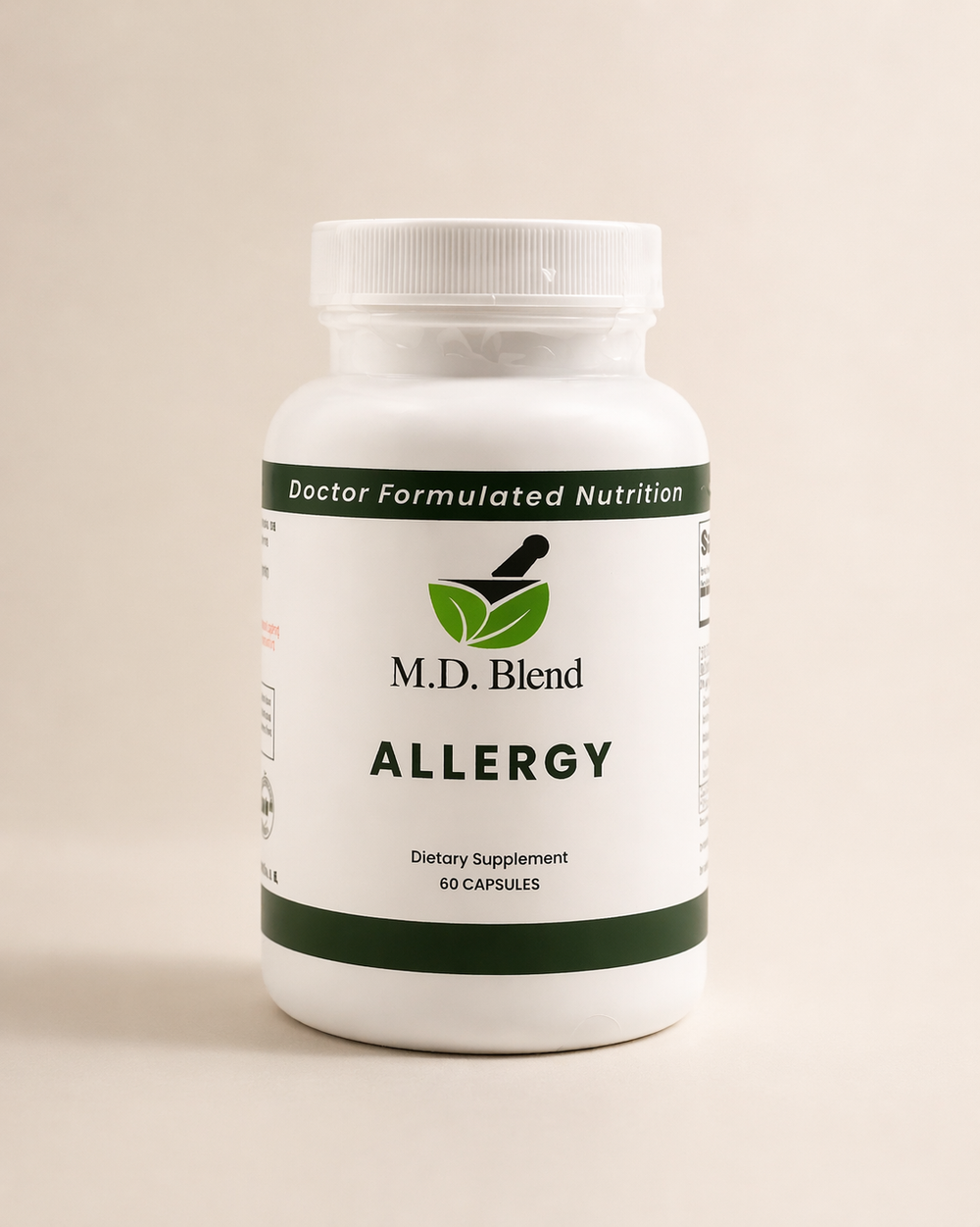 Supplement bottle labeled 'M.D. Blend Allergy' on a beige background