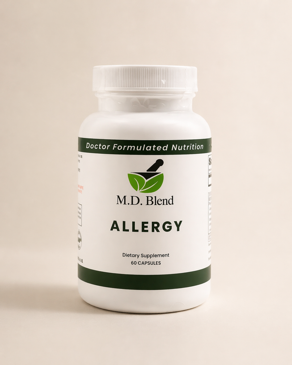 Supplement bottle labeled 'M.D. Blend Allergy' on a beige background