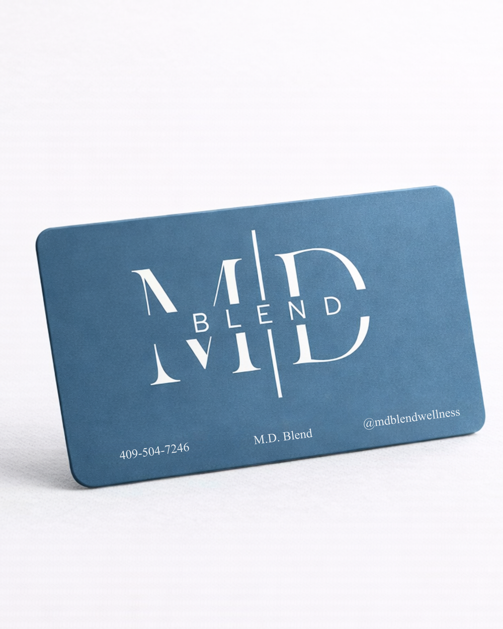 Blue business card with white text on a white background