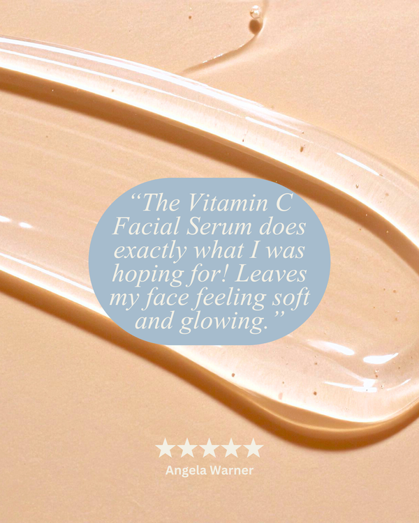 Glowing customer review graphic for M.D. Blend Vitamin C Facial Serum on a bright white background featuring the serum bottle, gold star rating, and radiant skincare-inspired design elements.