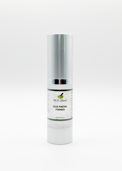 M.D. Blend Silk Facial Primer in a bottle on a white background