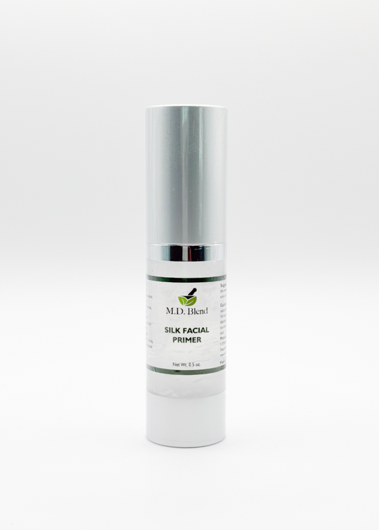 M.D. Blend Silk Facial Primer in a bottle on a white background
