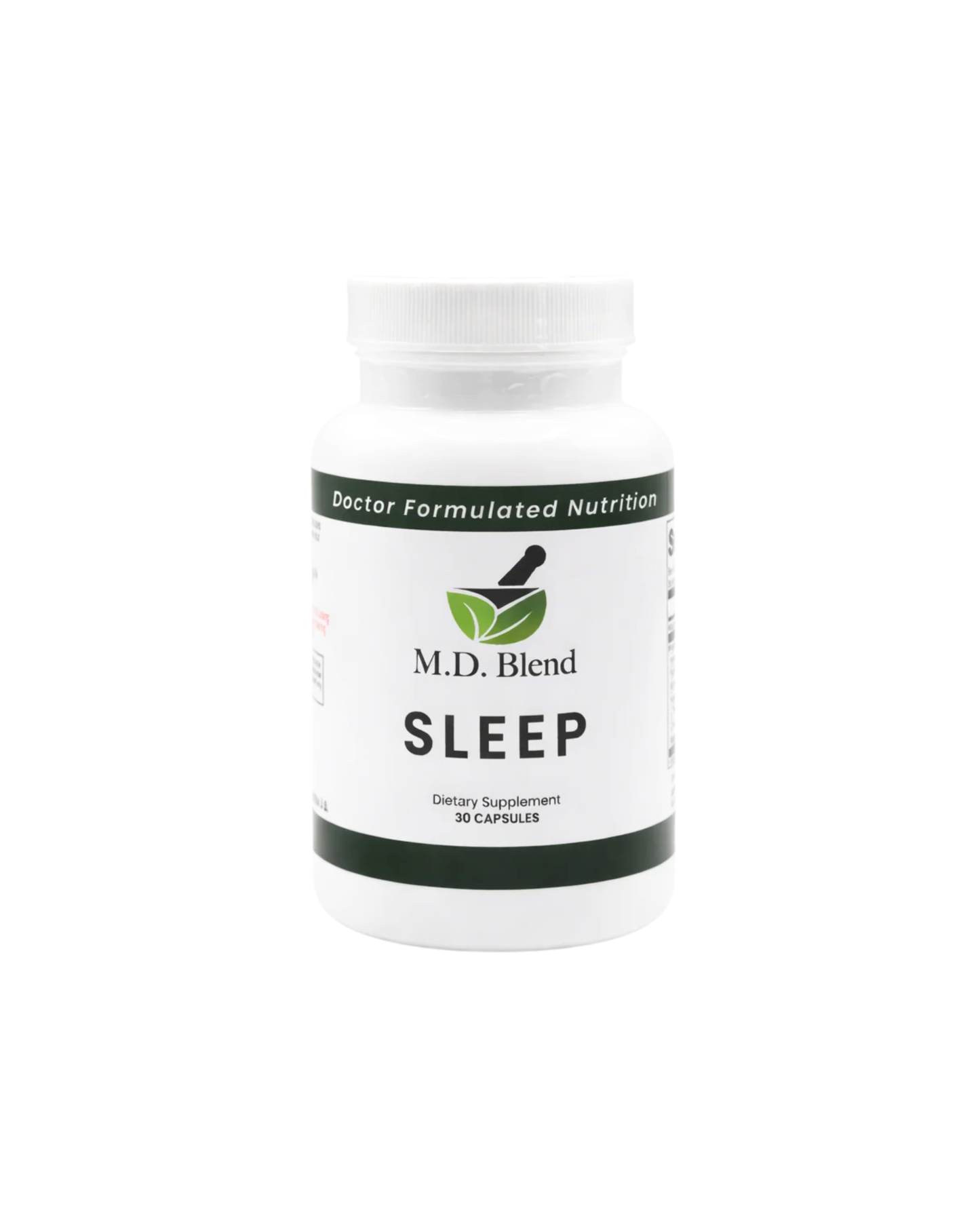 Supplement bottle labeled 'M.D. Blend Sleep' on a white background