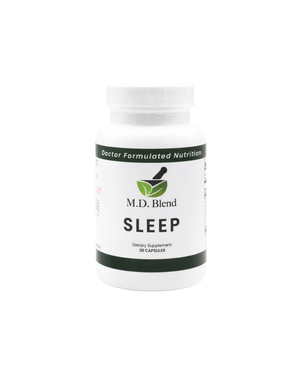 Supplement bottle labeled 'M.D. Blend Sleep' on a white background