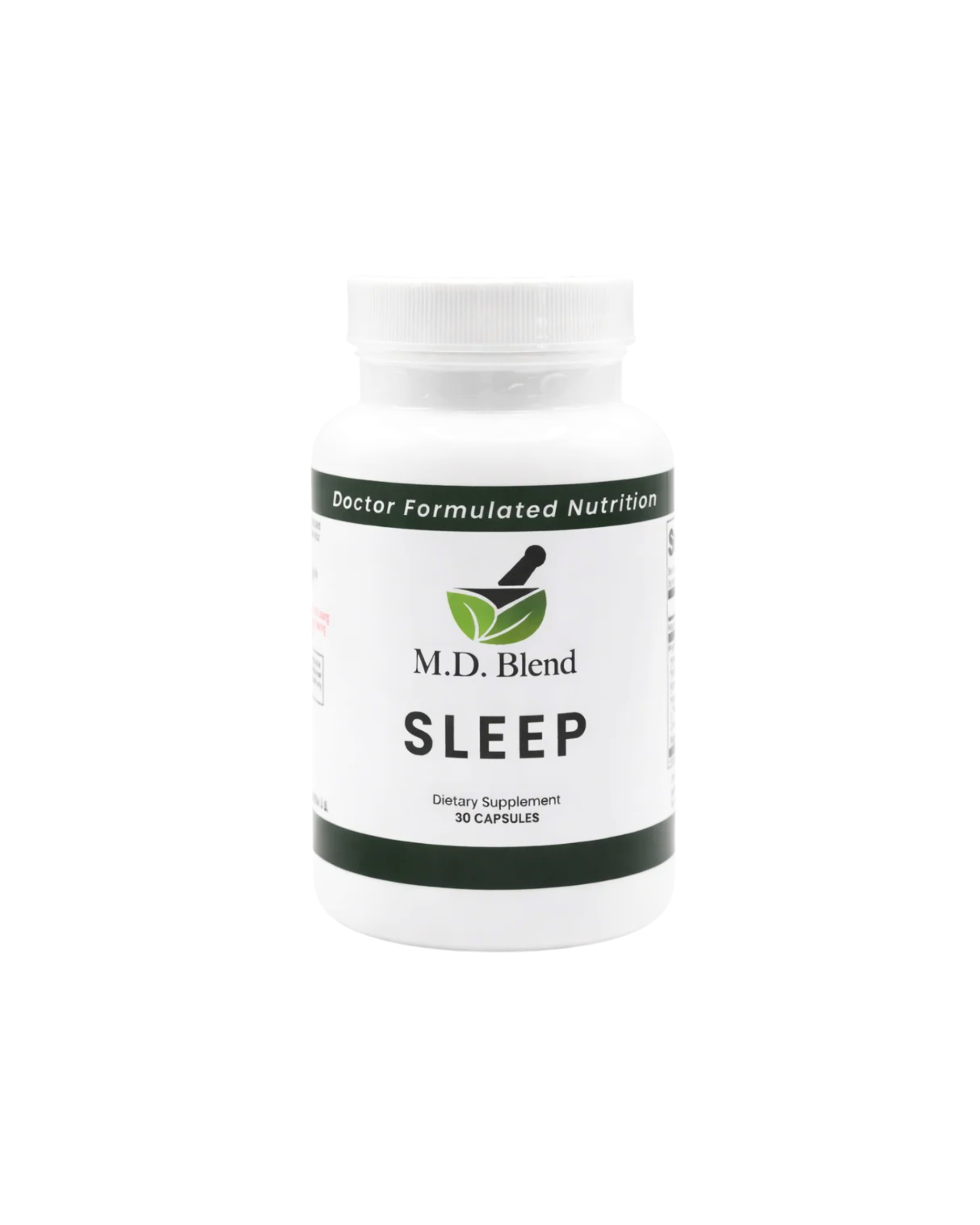 Supplement bottle labeled 'M.D. Blend Sleep' on a white background
