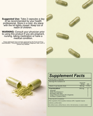 Supplement capsules with a label and text on a light green background