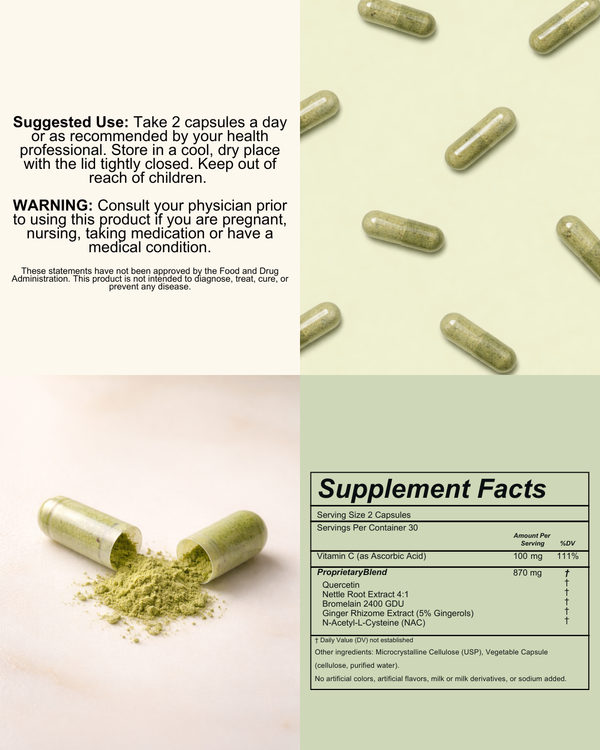Supplement capsules with a label and text on a light green background