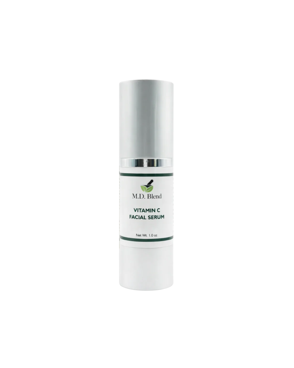 M.D. Blend Vitamin C Facial Serum bottle displayed on a clean white studio background with soft shadows and bright natural lighting for a premium skincare product look.