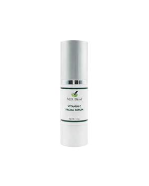 M.D. Blend Vitamin C Facial Serum bottle displayed on a clean white studio background with soft shadows and bright natural lighting for a premium skincare product look.